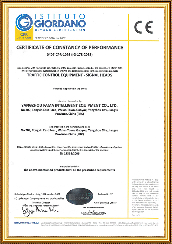 CERTIFICATE OF CONSTANCY OF PERFORMANCE